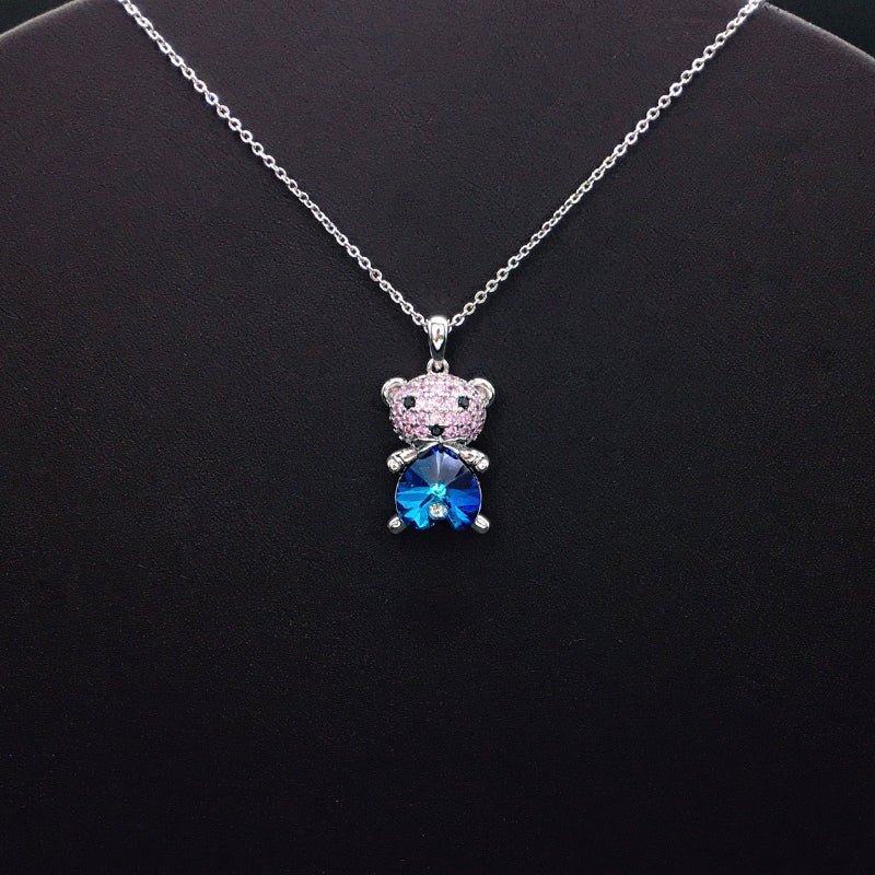 Trendy Teddy Bear Necklace with Pink and Blue Crystal Accents for Fashion - Forward Looks