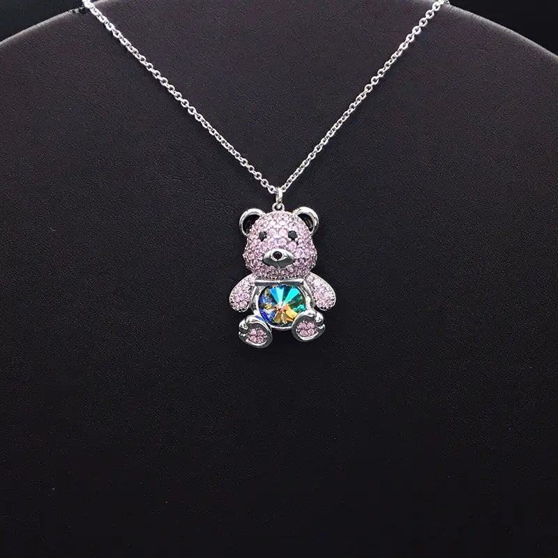 Collier élégant ourson en plaqué argent avec cristal bleu pour les occasions formelles