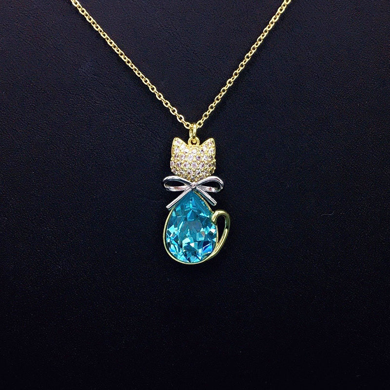 Elegant Silver Cat - shaped Pendant Necklace with Blue Crystal for Formal Events