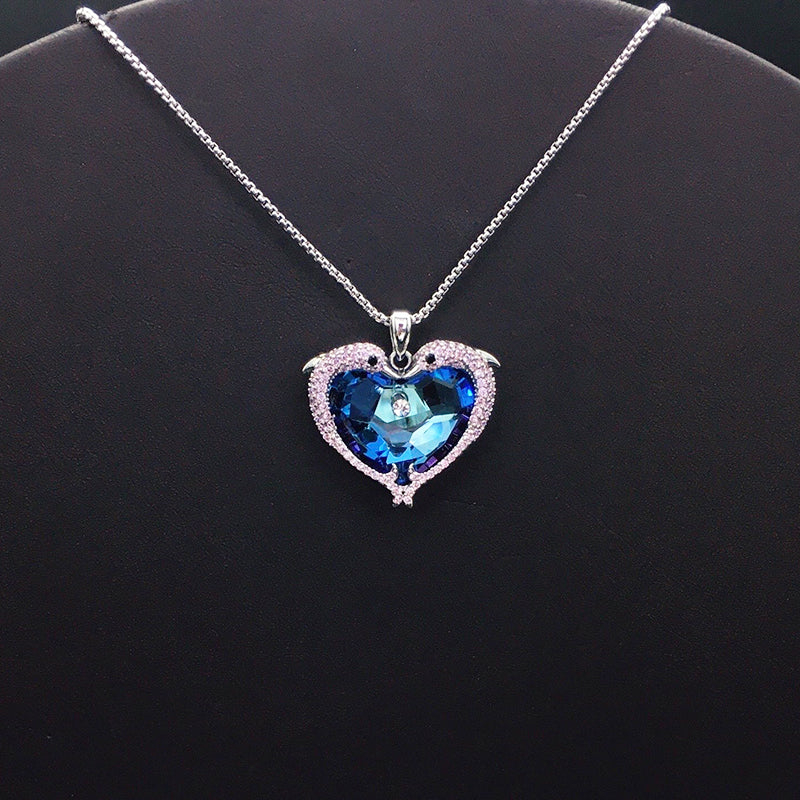 Elegant Silver Heart - shaped Necklace with Blue Crystal for Formal Events