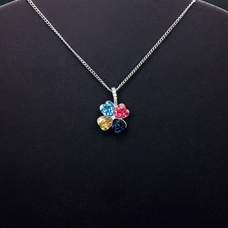 Elegant Silver Four - Leaf Clover Necklace with Multicolored Crystals for Formal Occasions