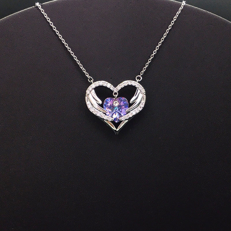 Elegant Silver Heart - shaped Necklace with Purple Crystal and Wings for Formal Galas