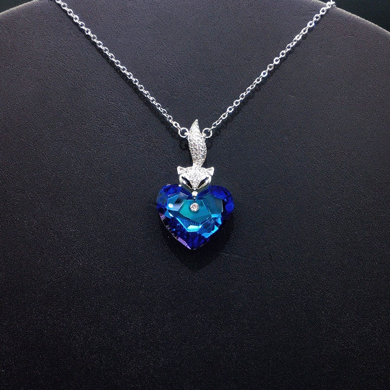 Elegant Silver Fox - Heart Necklace with Deep Blue Crystal for Formal Galas