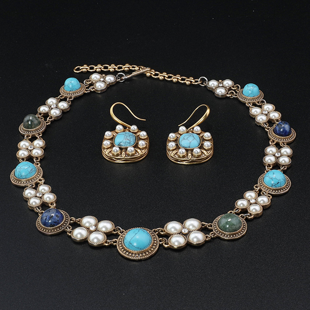Vintage Turquoise Pearl Necklace and Earrings Set
