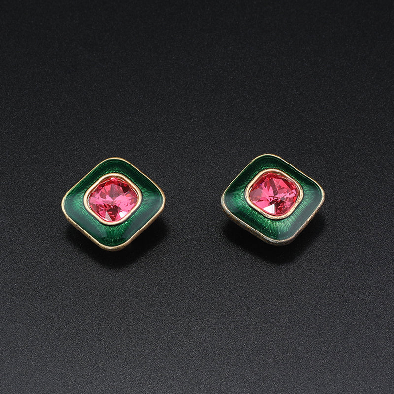 Glamorous Green - Enameled Jewelry Set with Pink Gemstones for Evening Events
