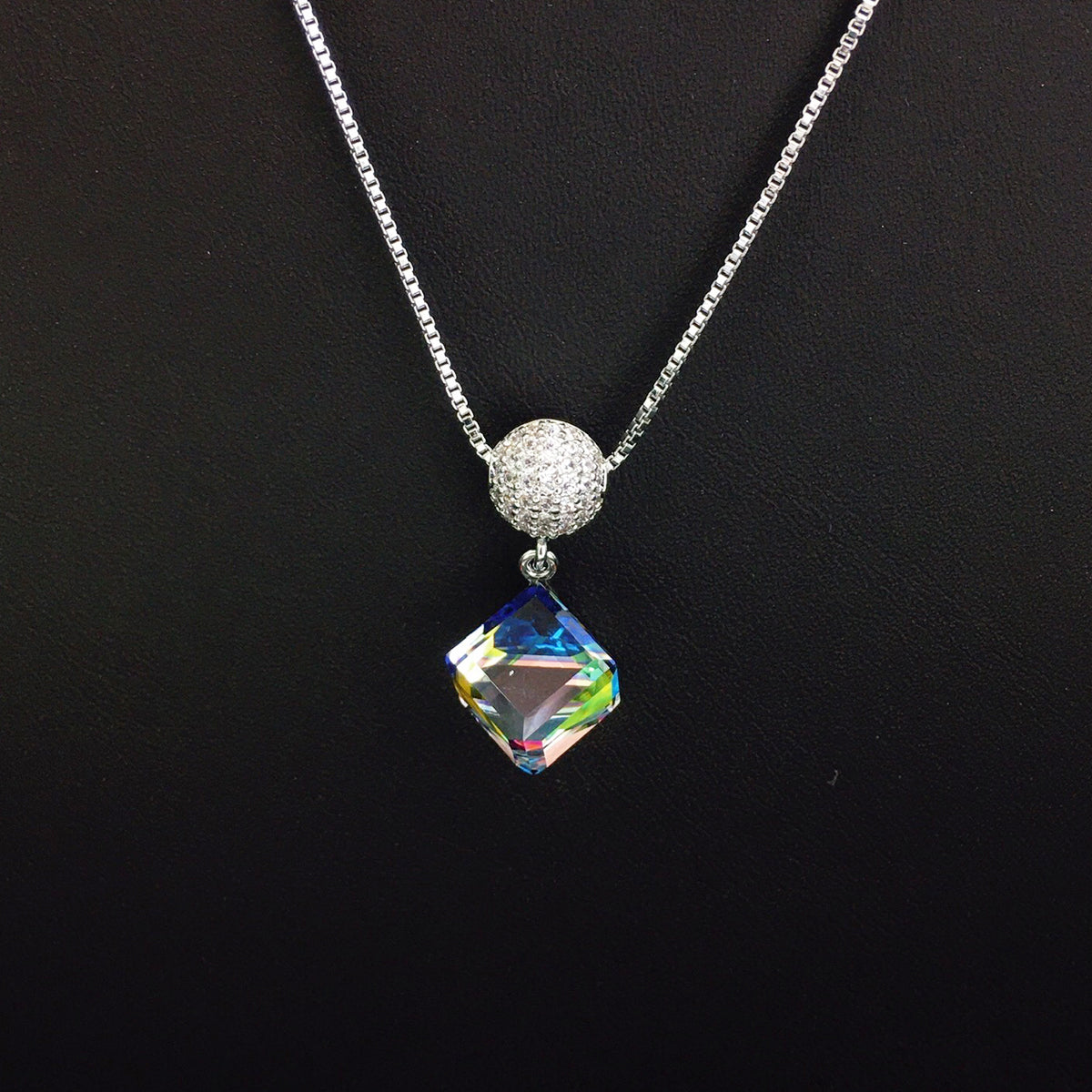 Sparkling Square Blue Crystal Necklace with Rhinestone Ball for Elegant Evening Events