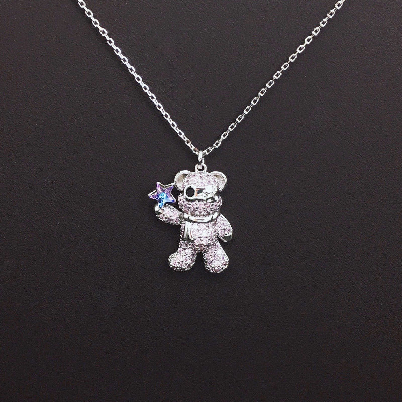 Sparkling Teddy Bear Necklace with Blue Crystal Star for Cute Daily Wear
