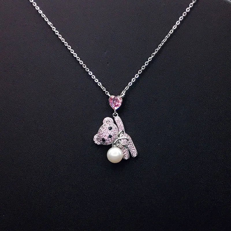 Collier Ours en Peluche Scintillant avec Cristal Cœur Bleu et Perle pour Rendez-vous Romantiques