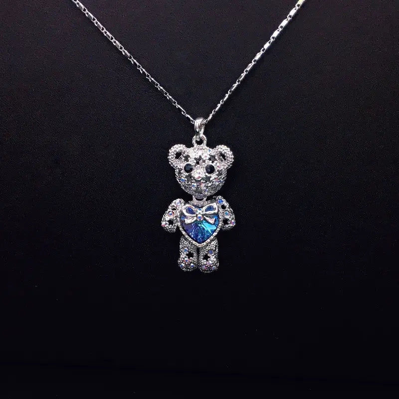 Collier Ours en Peluche Plaqué Argent Charmant avec Cœur en Cristal Bleu pour Tous les Jours
