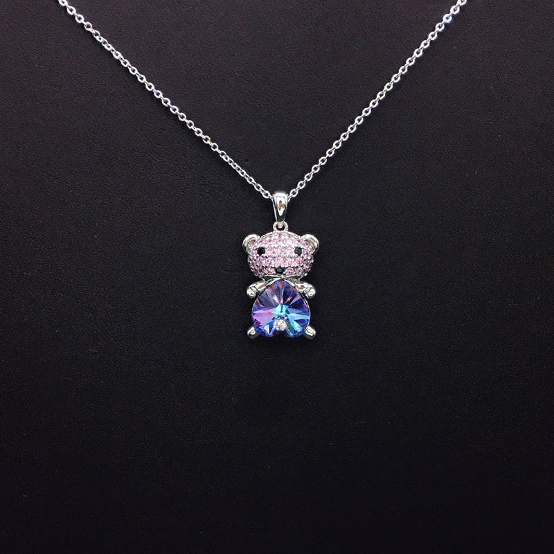 Trendy Teddy Bear Necklace with Pink and Blue Crystal Accents for Fashion - Forward Looks