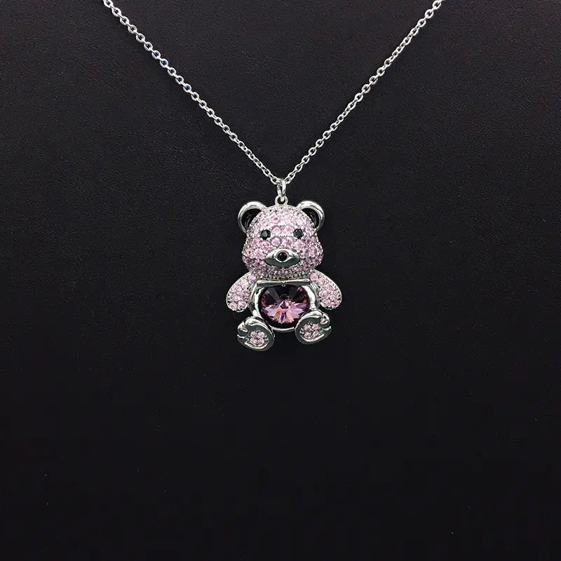 Collier élégant ourson en plaqué argent avec cristal bleu pour les occasions formelles