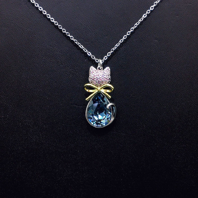 Elegant Silver Cat - shaped Pendant Necklace with Blue Crystal for Formal Events