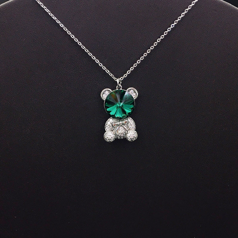 Trendy Teddy Bear Necklace with Blue Crystal and Bow for Fashion - lovers