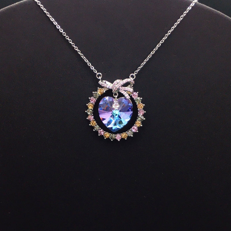 Elegant Silver Necklace with Multicolored Heart Crystal and Bow for Formal Galas