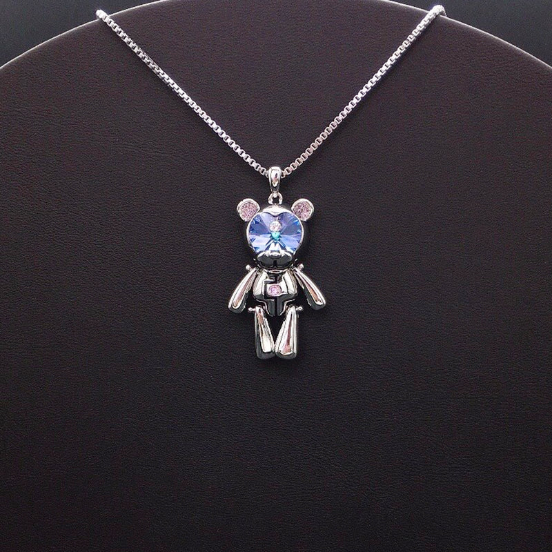 Edgy Silver Teddy Bear Necklace with Blue Crystal Face for Daily Street Style