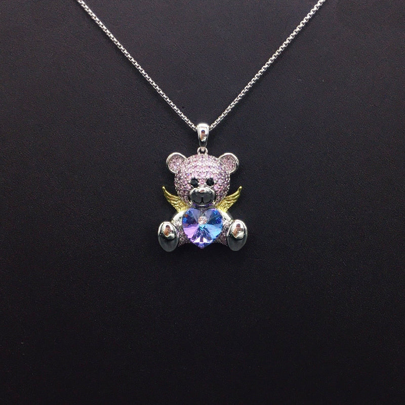 Enchanting Silver Teddy Bear Necklace with Pink Crystals, Golden Wings and Blue Heart for Fairy - tale Events