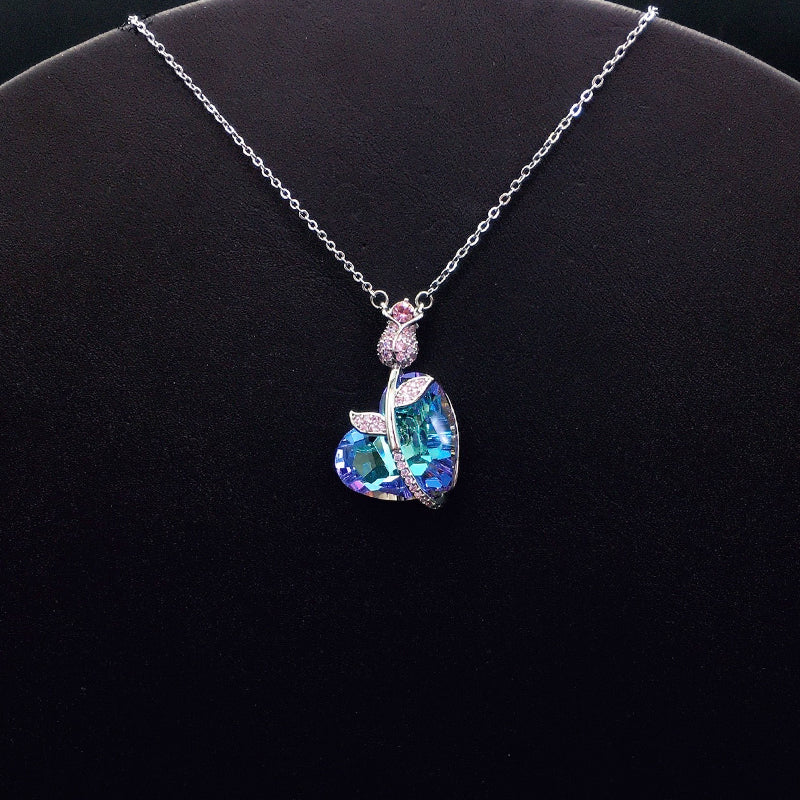 Glamorous Iridescent Crystal Heart Pendant Necklace with Pink Rose for Evening Events