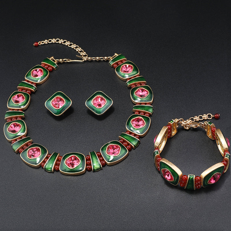 Glamorous Green - Enameled Jewelry Set with Pink Gemstones for Evening Events