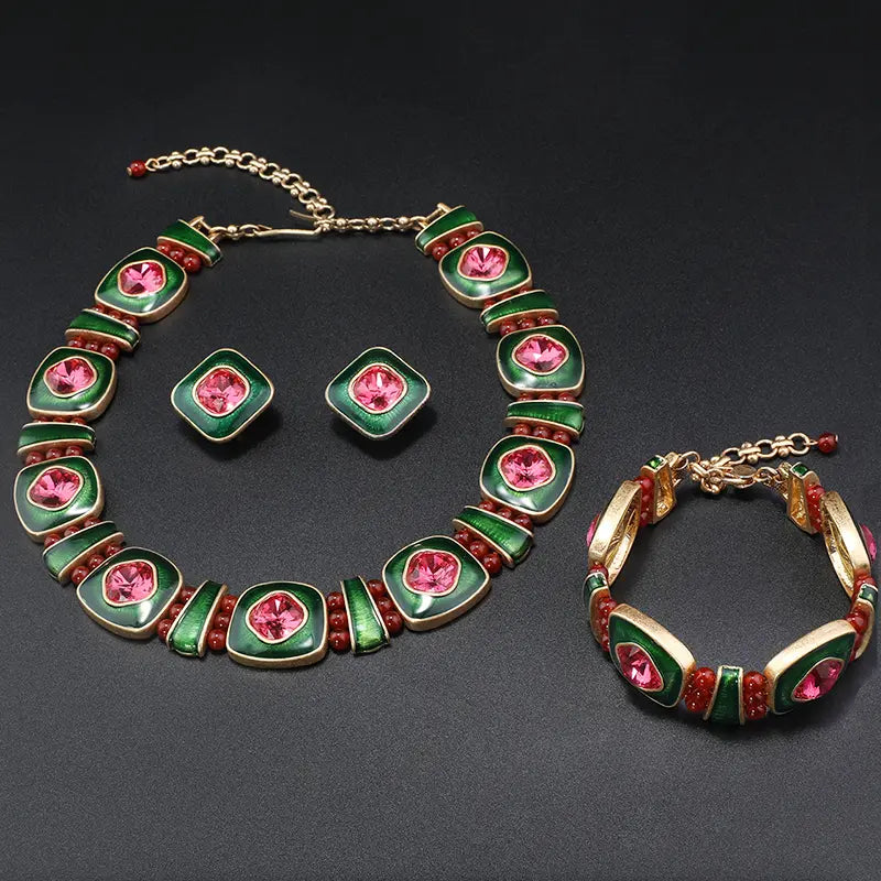 Vert Glamour - Parure de bijoux émaillés avec gemmes roses pour les soirées