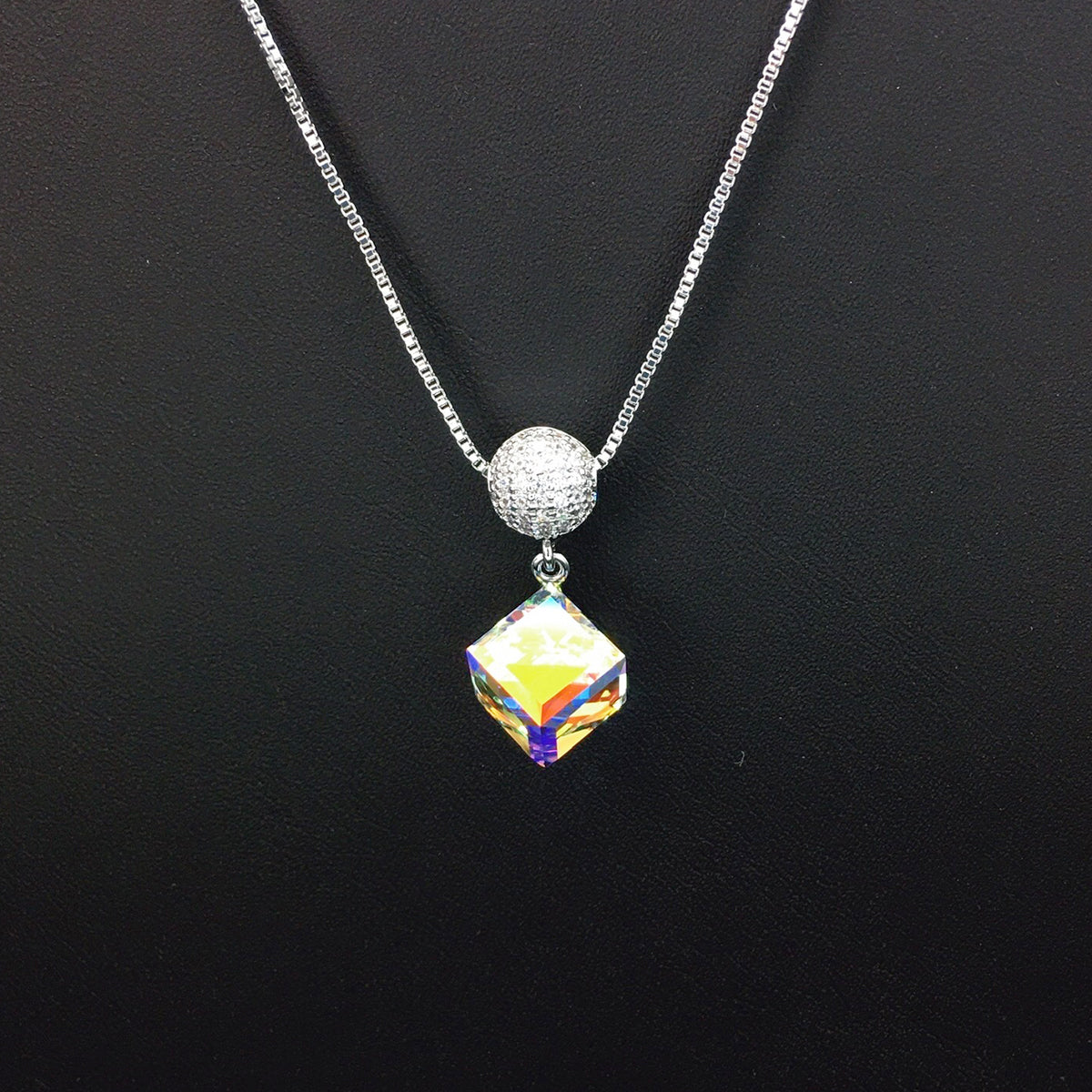 Sparkling Square Blue Crystal Necklace with Rhinestone Ball for Elegant Evening Events