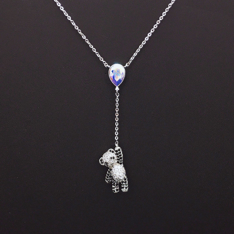 Sparkling Teddy Bear Blue Teardrop Crystal Lariat Necklace for Cute Daily Style