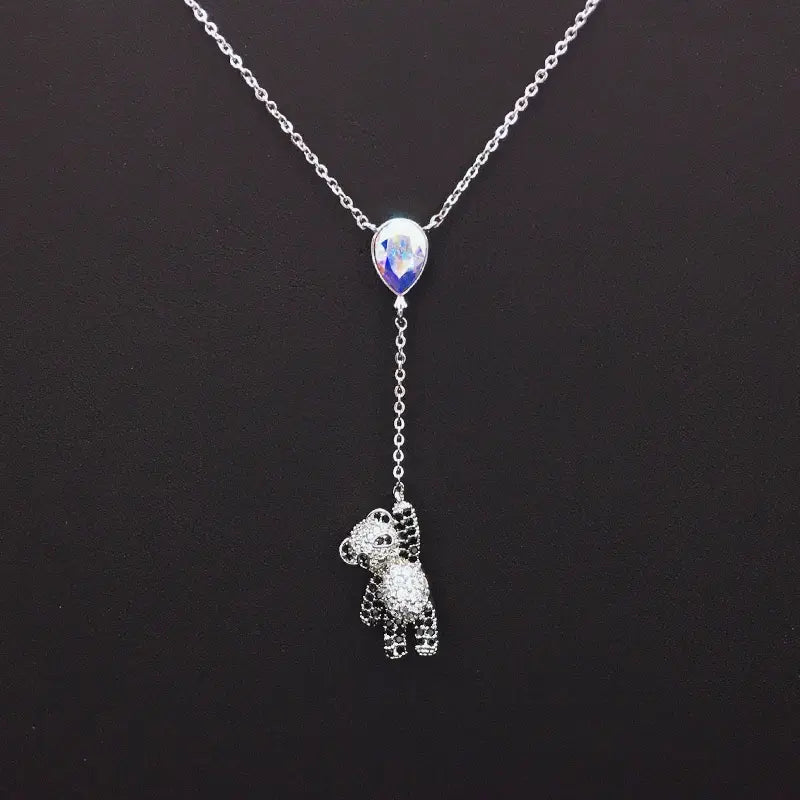 Collier cravate ourson étincelant en cristal bleu en forme de goutte pour un style quotidien mignon