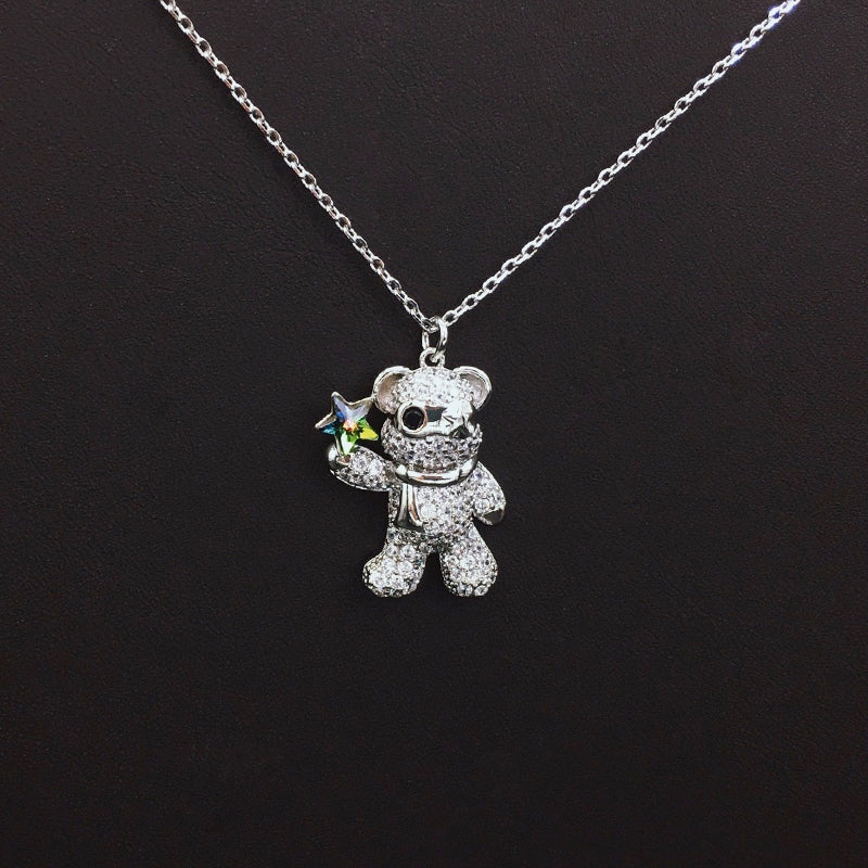 Sparkling Teddy Bear Necklace with Blue Crystal Star for Cute Daily Wear