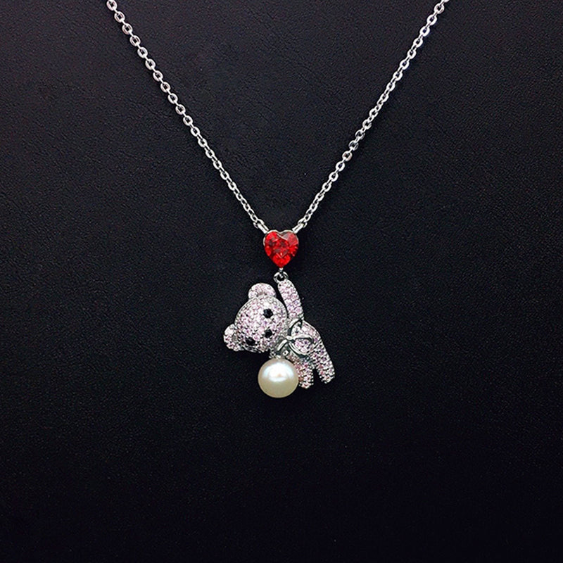 Sparkling Teddy Bear Necklace with Blue Heart Crystal & Pearl for Romantic Dates