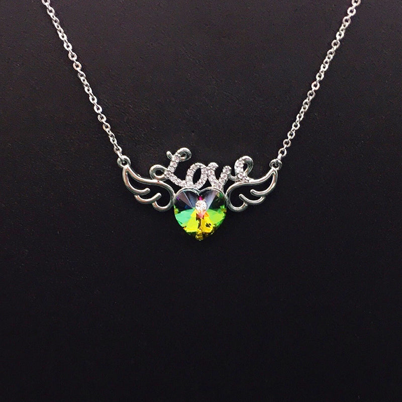 Sparkling Love Heart Wing Blue Crystal Necklace for Romantic Dates