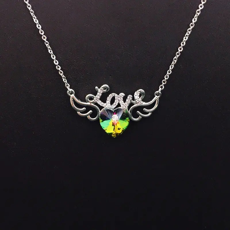 Collier Ailes Cœur Scintillant Cristal Bleu pour Rendez-vous Romantiques