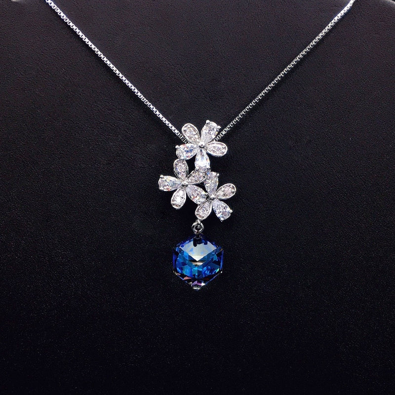 Sparkling Crystal Flower Necklace with Pink Hexagonal Drop for Romantic Dates