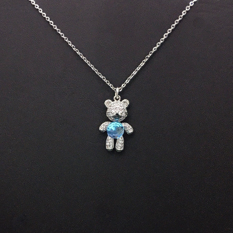 Cute Gold Teddy Bear Necklace with Blue Crystal Star for Daily Chic