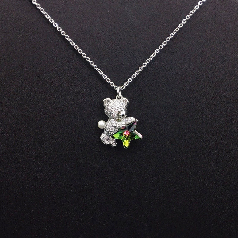 Sweet Gold Teddy Bear Necklace with Blue Star Crystal & Pearl – A Thoughtful Gift Idea