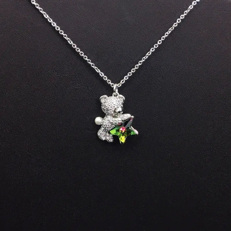 Collier Ours en Peluche Doré avec Cristal Étoile Bleue et Perle – Une Idée Cadeau Attentionnée