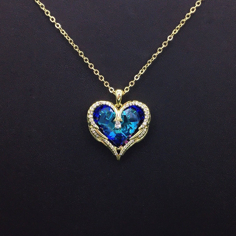 Sparkling Gold Angel Wings Heart Necklace with Iridescent Crystal for Romantic Dates