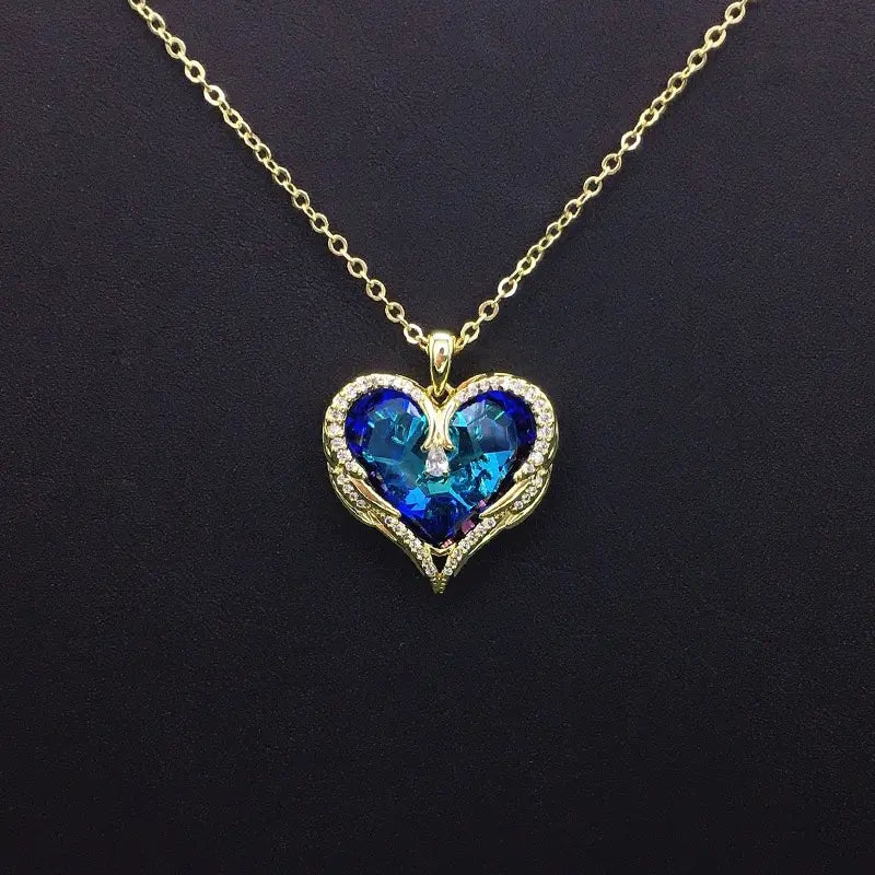 Collier Cœur Ailes d'Ange Or Scintillant avec Cristal Irisé pour Rendez-vous Romantiques
