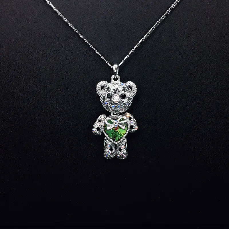 Collier Ours en Peluche Plaqué Argent Charmant avec Cœur en Cristal Bleu pour Tous les Jours