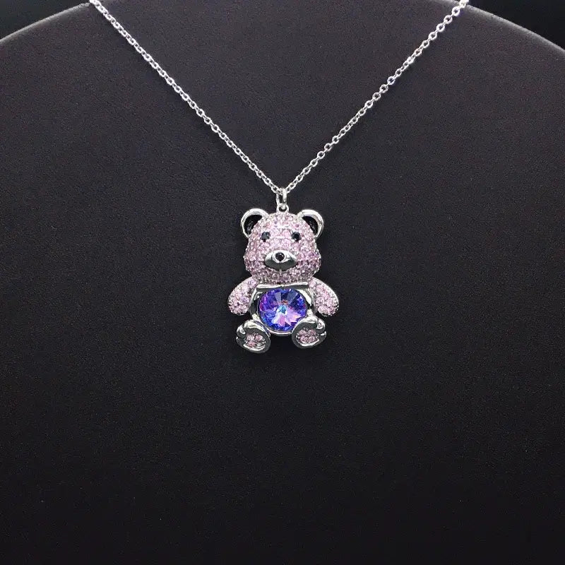 Collier élégant ourson en plaqué argent avec cristal bleu pour les occasions formelles