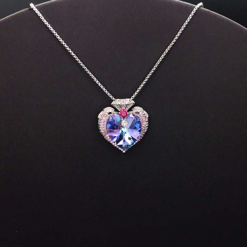 Elegant Silver Heart - shaped Necklace with Blue Crystal for Formal Events