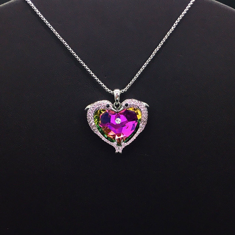 Elegant Silver Heart - shaped Necklace with Blue Crystal for Formal Events