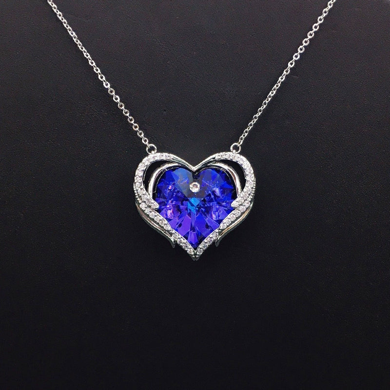 Glamorous Blue Crystal Heart Pendant Necklace with Silver Embellishments for Evening Events
