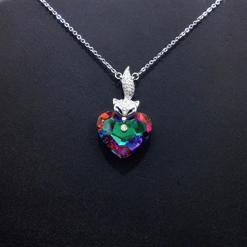 Élégant Renard Argenté - Collier Cœur avec Cristal Bleu Profond pour Galas Formels