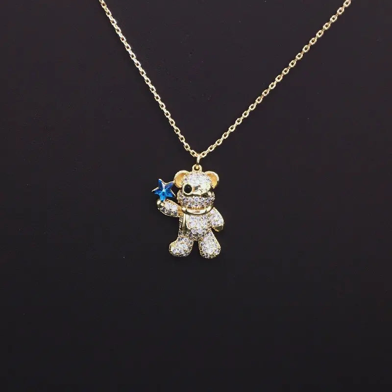 Collier Ourson Scintillant avec Étoile en Cristal Bleu pour un Style Quotidien Adorable