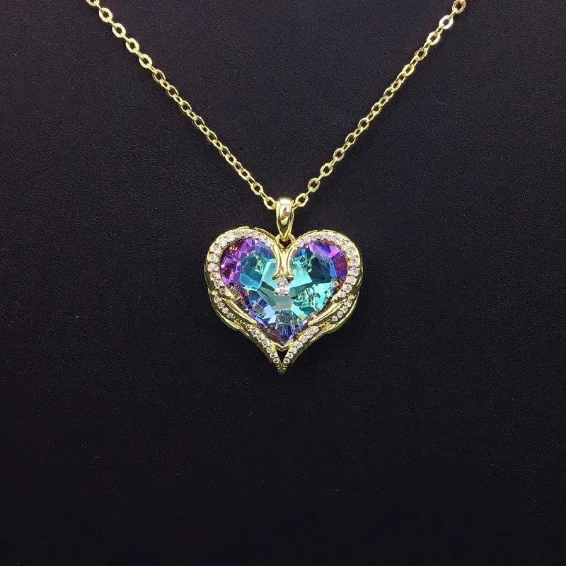 Collier Cœur Ailes d'Ange Or Scintillant avec Cristal Irisé pour Rendez-vous Romantiques