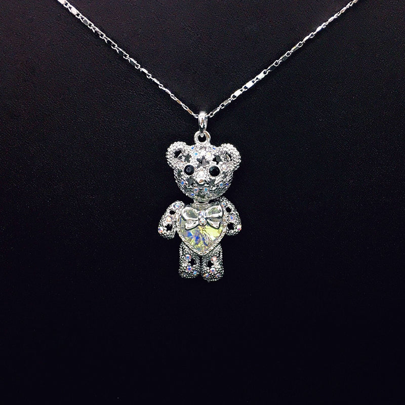 Charming Silver - Plated Teddy Bear Necklace with Blue Crystal Heart for Daily Wear