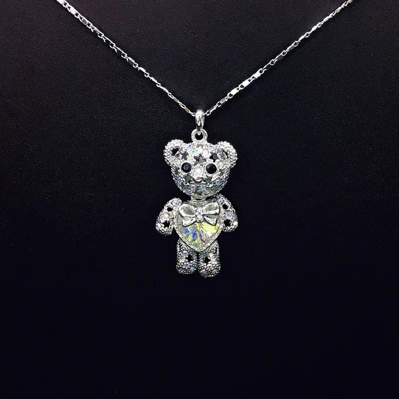Collier Ours en Peluche Plaqué Argent Charmant avec Cœur en Cristal Bleu pour Tous les Jours