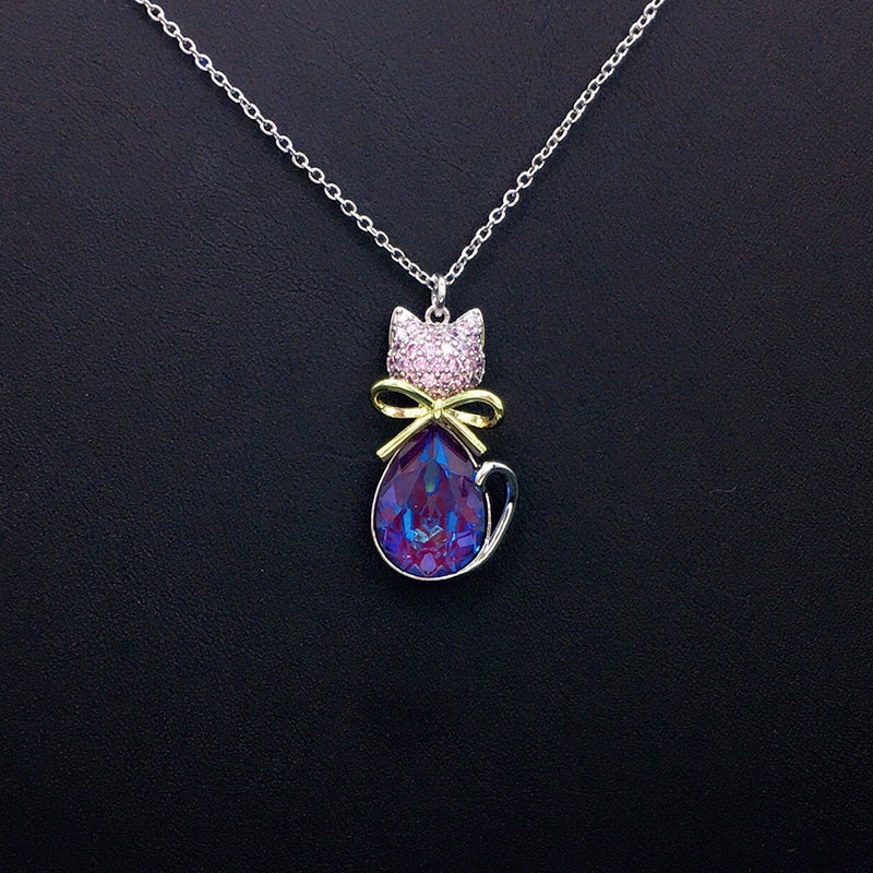 Elegant Silver Cat - shaped Pendant Necklace with Blue Crystal for Formal Events
