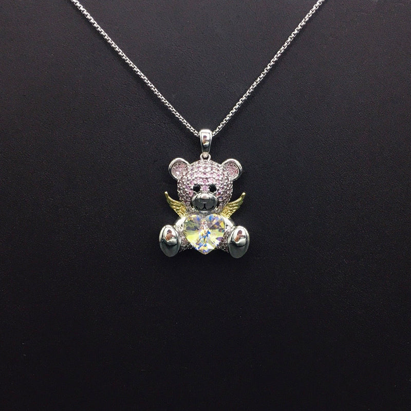 Enchanting Silver Teddy Bear Necklace with Pink Crystals, Golden Wings and Blue Heart for Fairy - tale Events