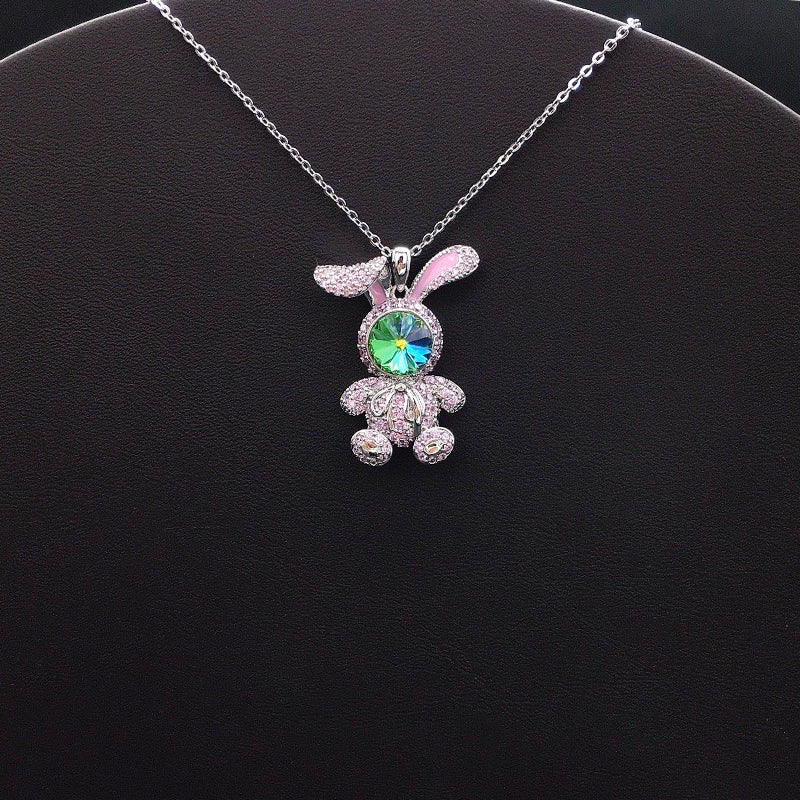Elegant Silver Bunny Pendant with Pink Accents and Blue Crystal Face for Casual Playful Style