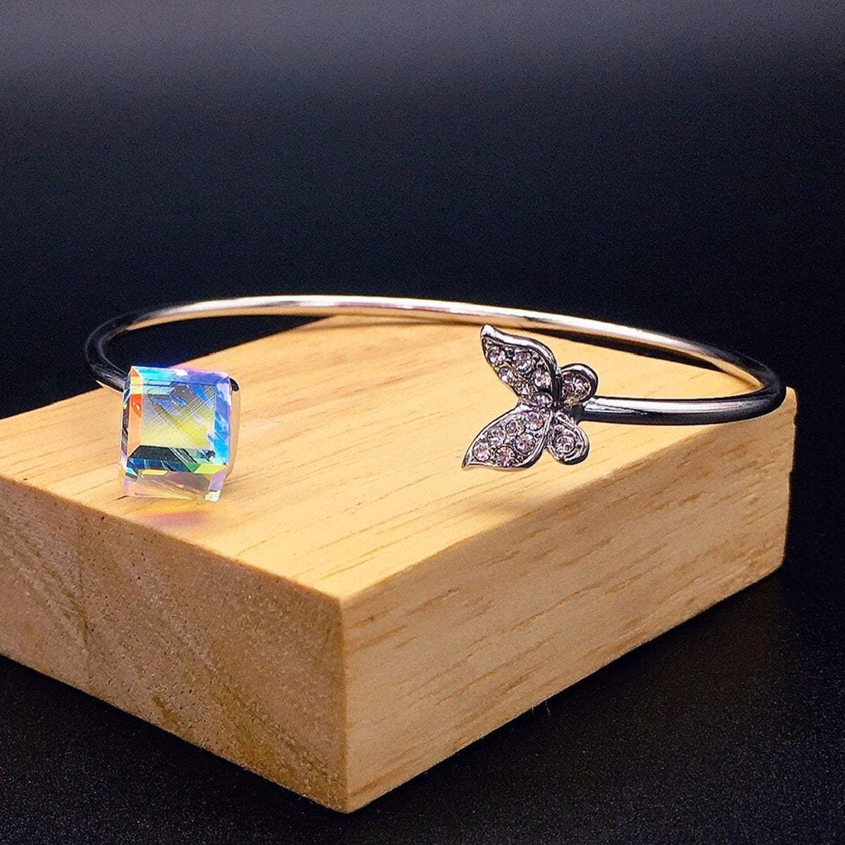 Minimalist Crystal Butterfly Open Bracelet